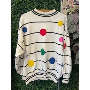 vtg STRIPED POLKA-DOT Colorful Knit Sweater Large // 80s vintage chunky disco